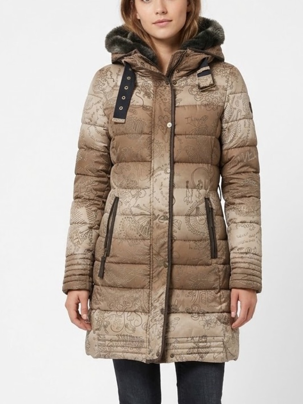 Desigual Brown Designer Patterned Winter jacket with faux fur collar.